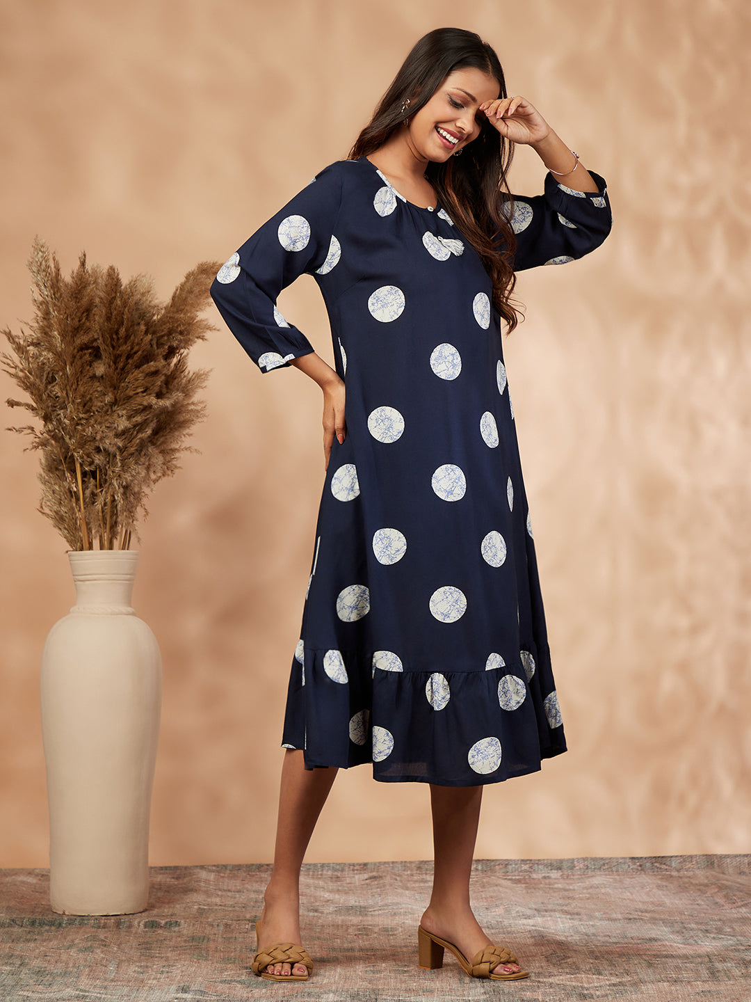 Print Navy Blue Gathered Dress