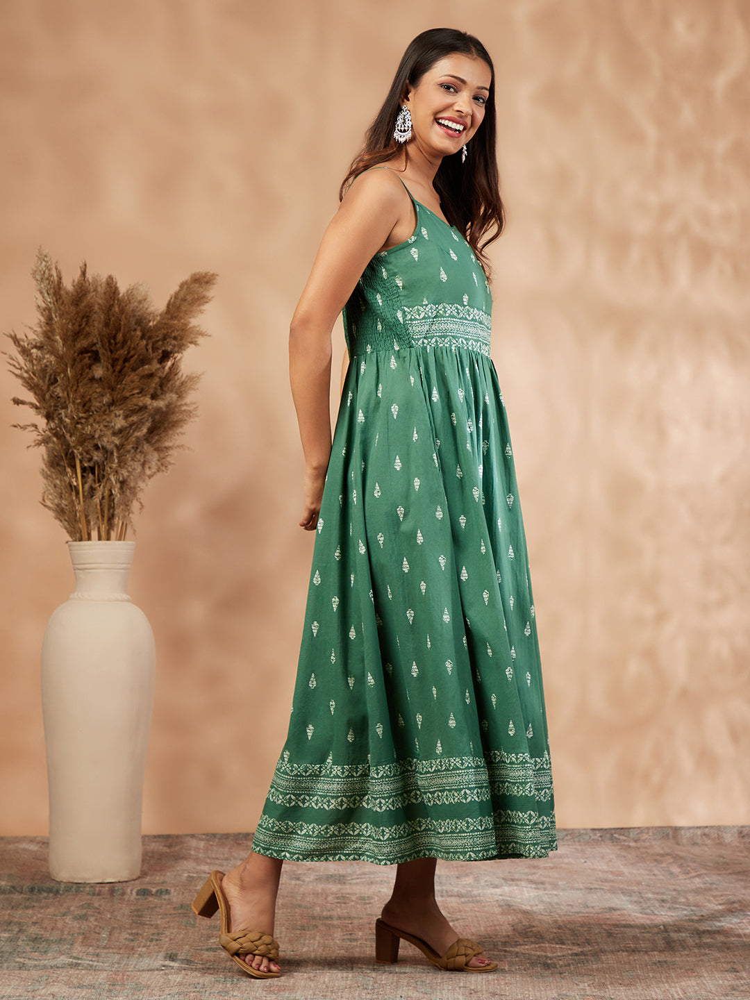 Print Green Sleeveless Gathered Dress