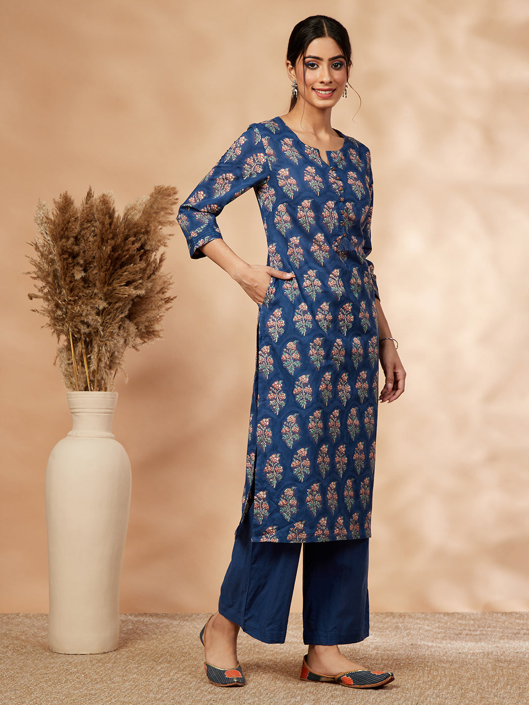 Navy Blue Printed Cotton Kurta Set