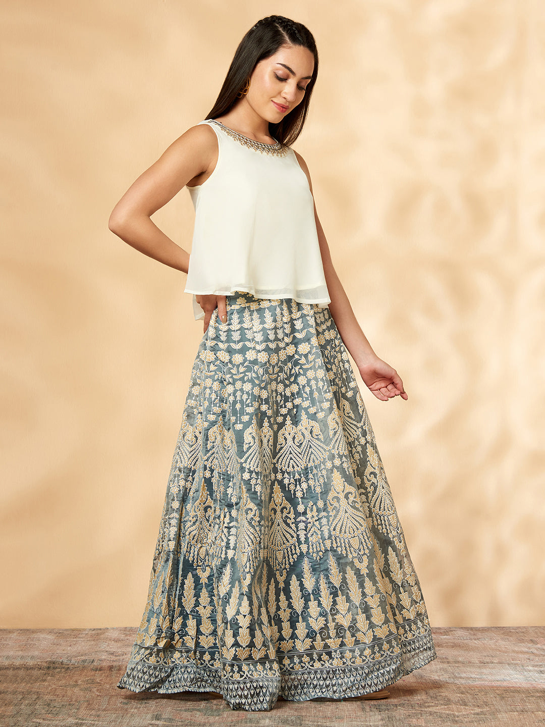 Stylish & Elegant Gold printed Lehenga with Top