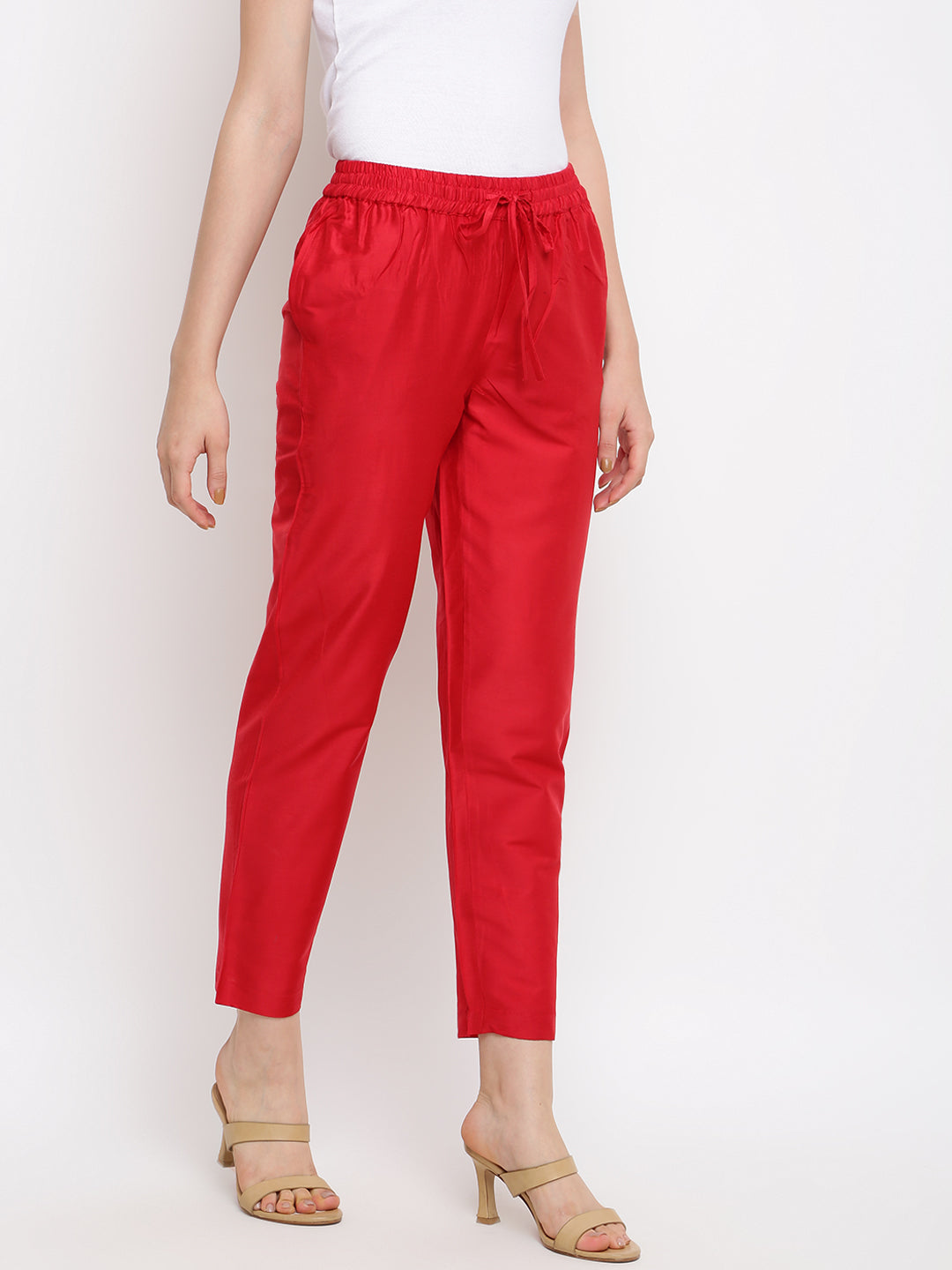 Red Solid Straight Pant