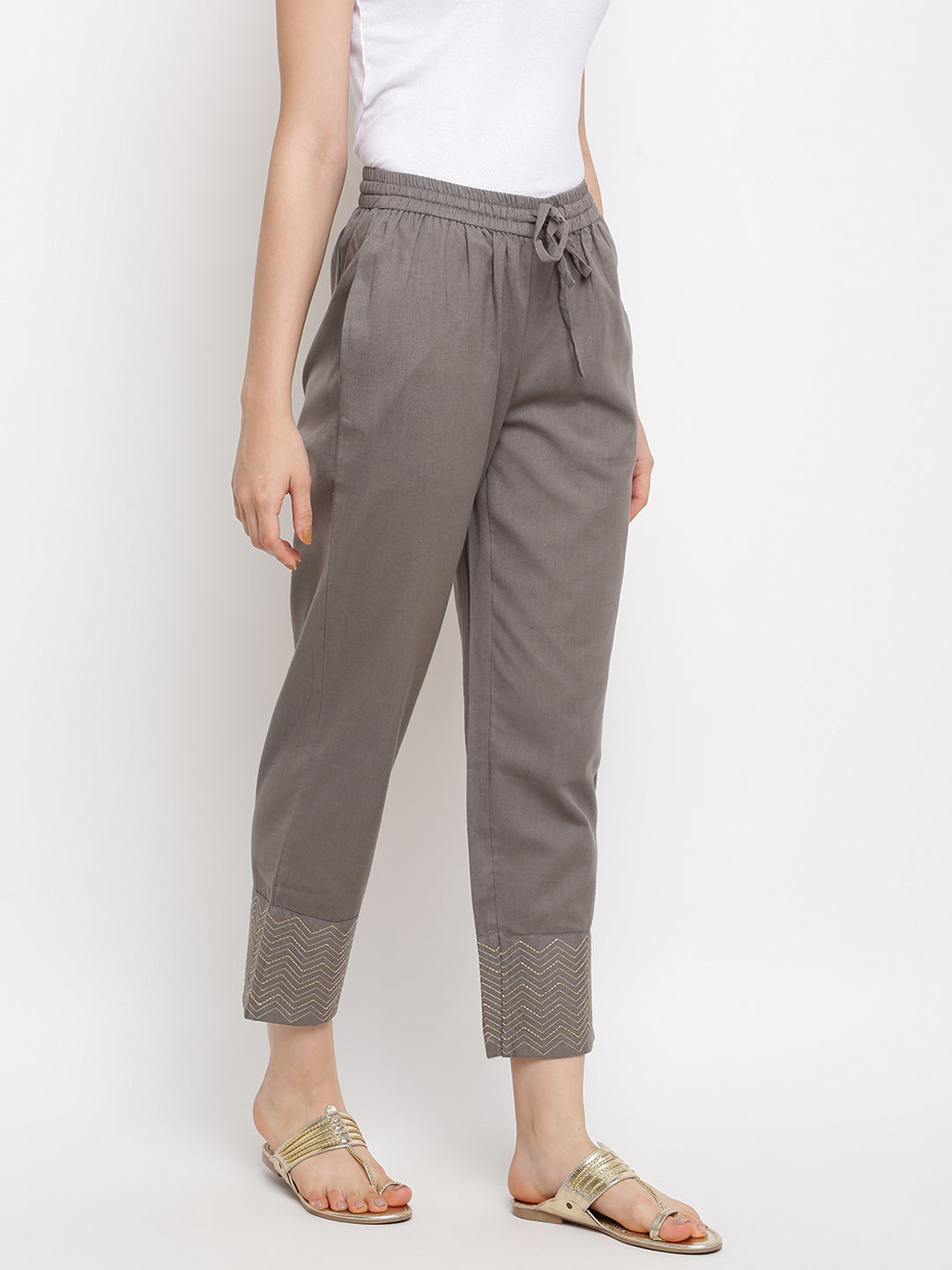 Solid Grey Elasticated Waist Ethnic Straight Pant