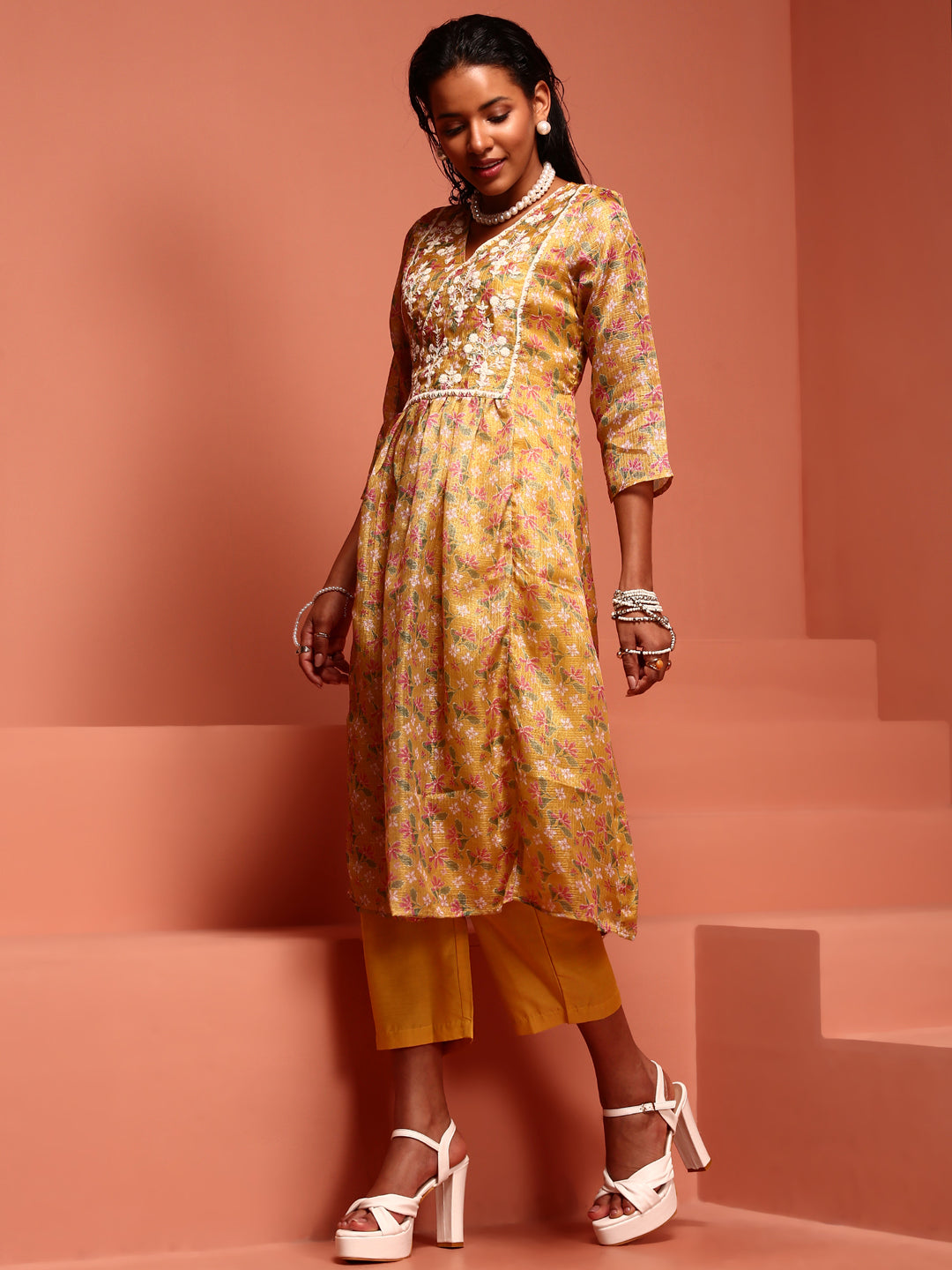 Yellow Kota Embroidered Kurta Set