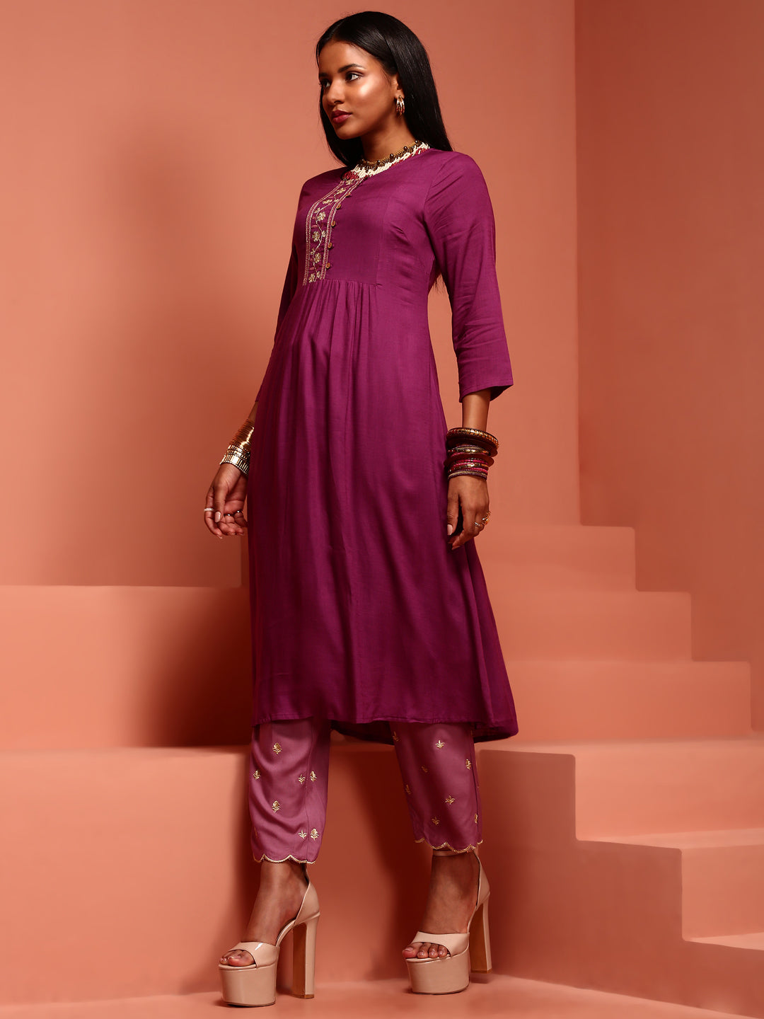 Purple Embroidered Kurta Set