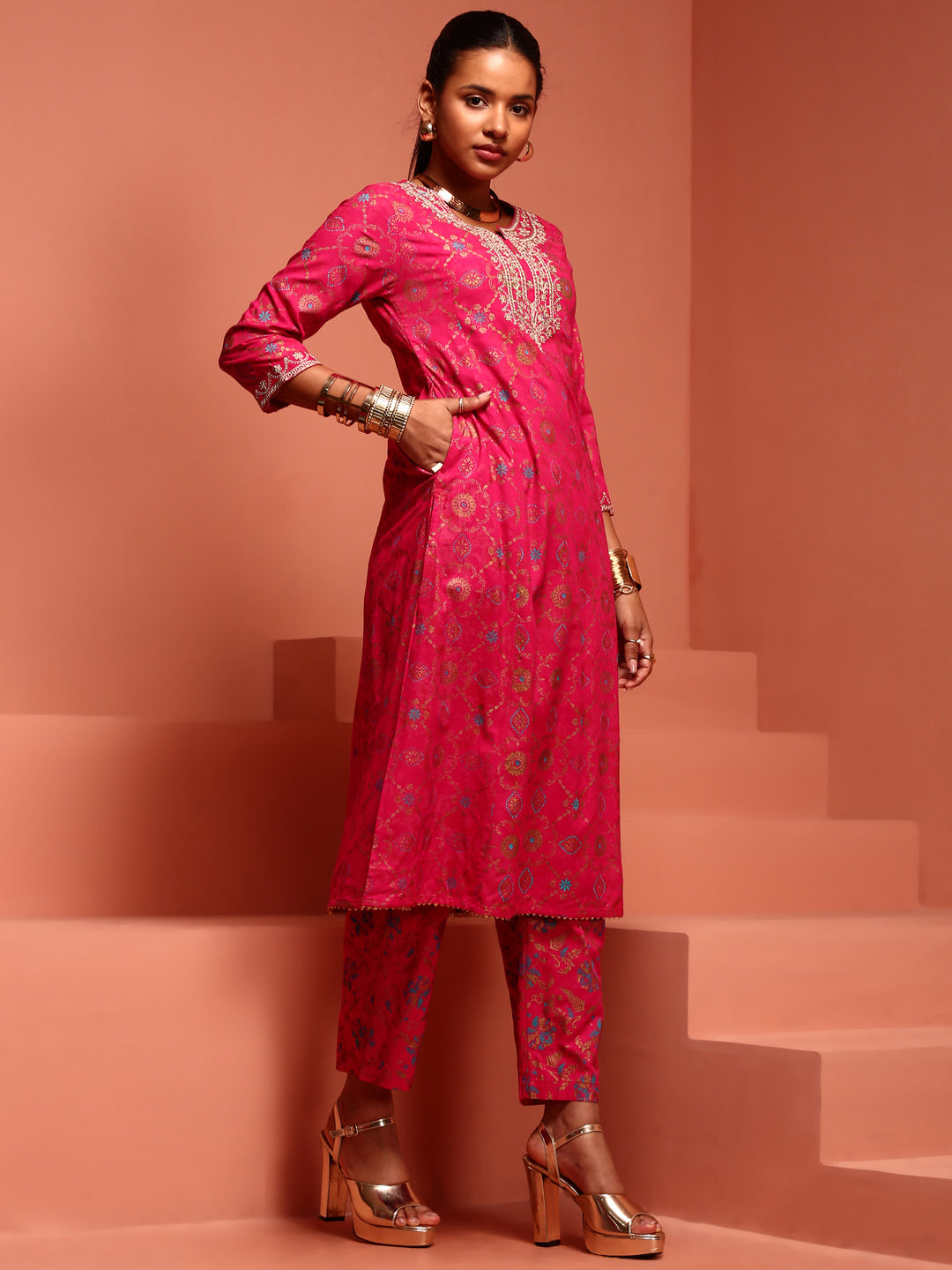 Fuchsia Embroidered Rayon Kurta Set