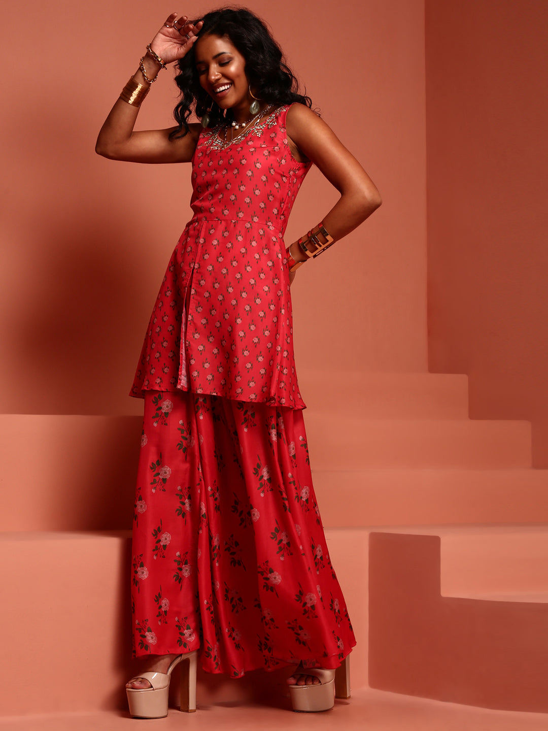 Coral Printed Muslin Kurta & Lehenga Set