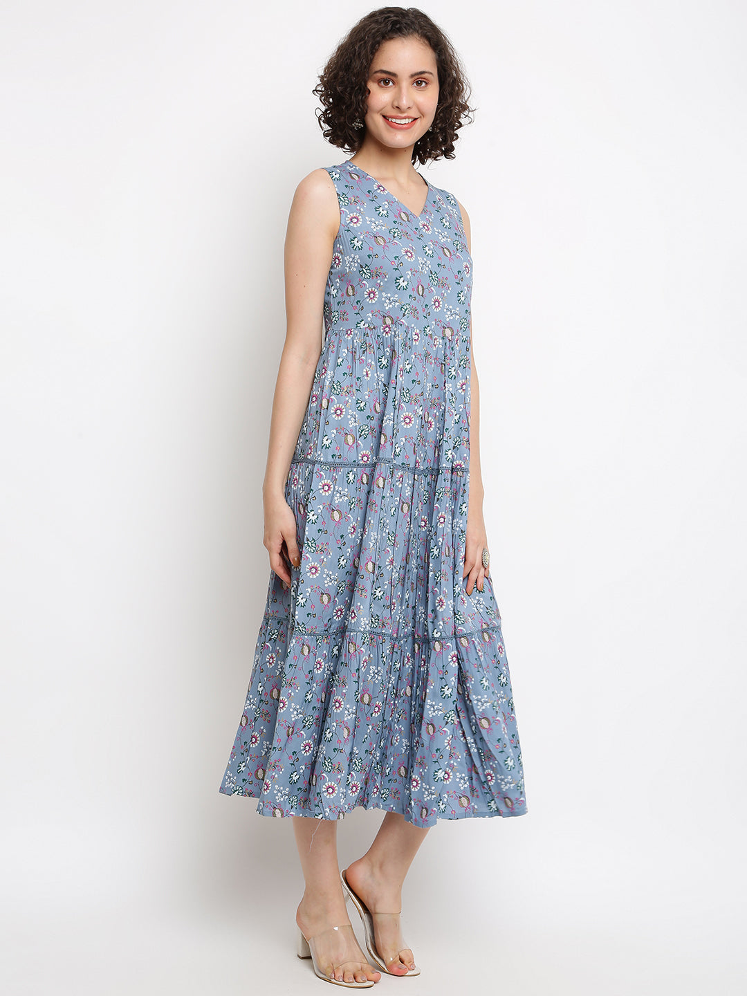 Printed Blue Tiered Dress