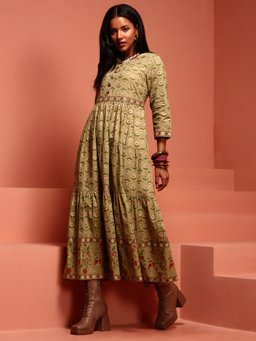 Green Printed Pure Cotton Tiered Dress