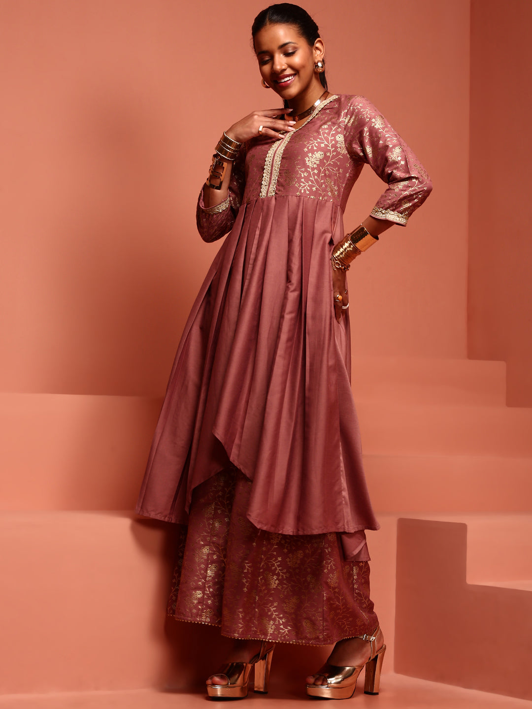 Pink Gathered Kurta Palazzo Set with Dupatta