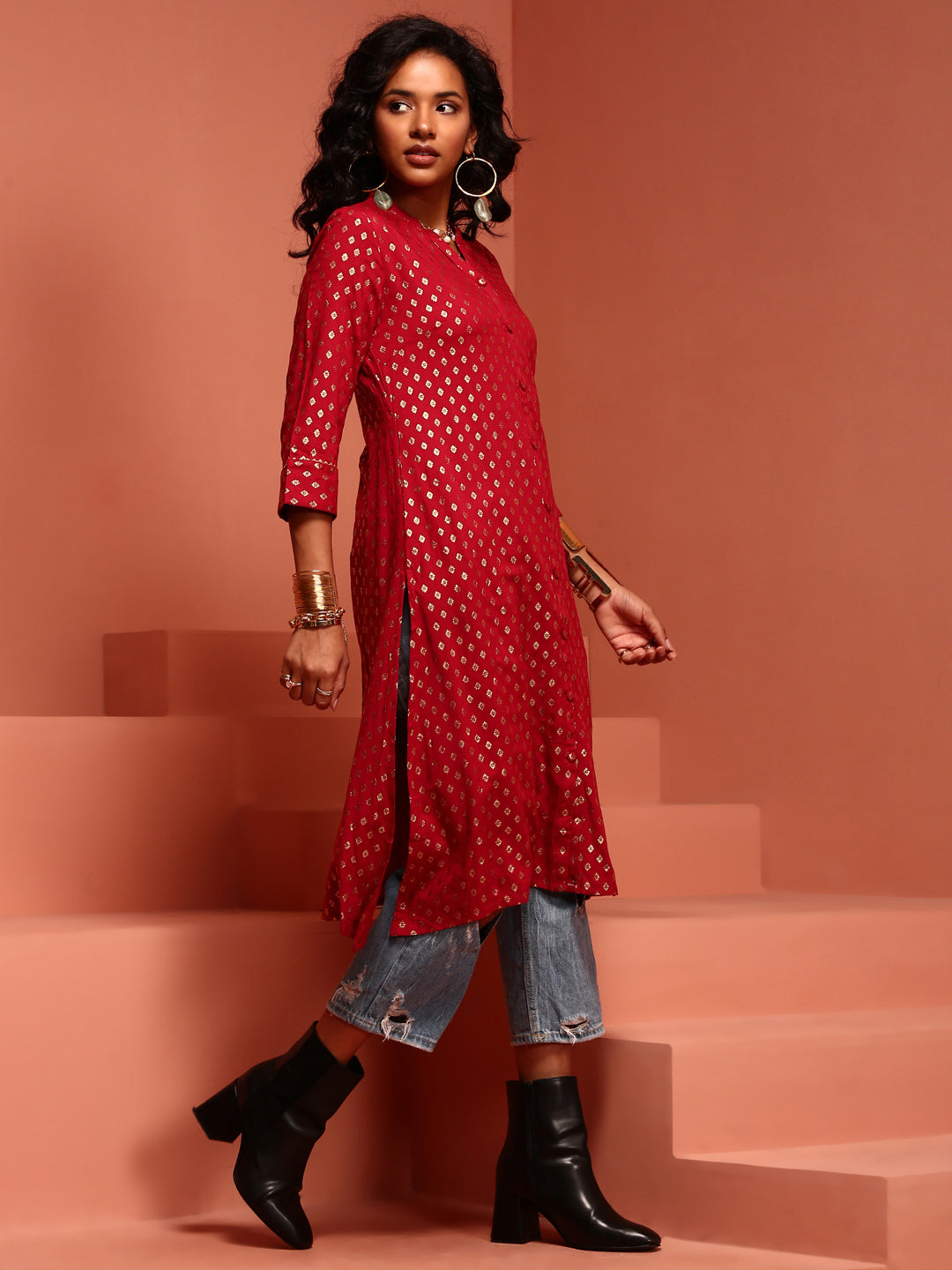 Fuchsia Printed Asymmetric Kurta