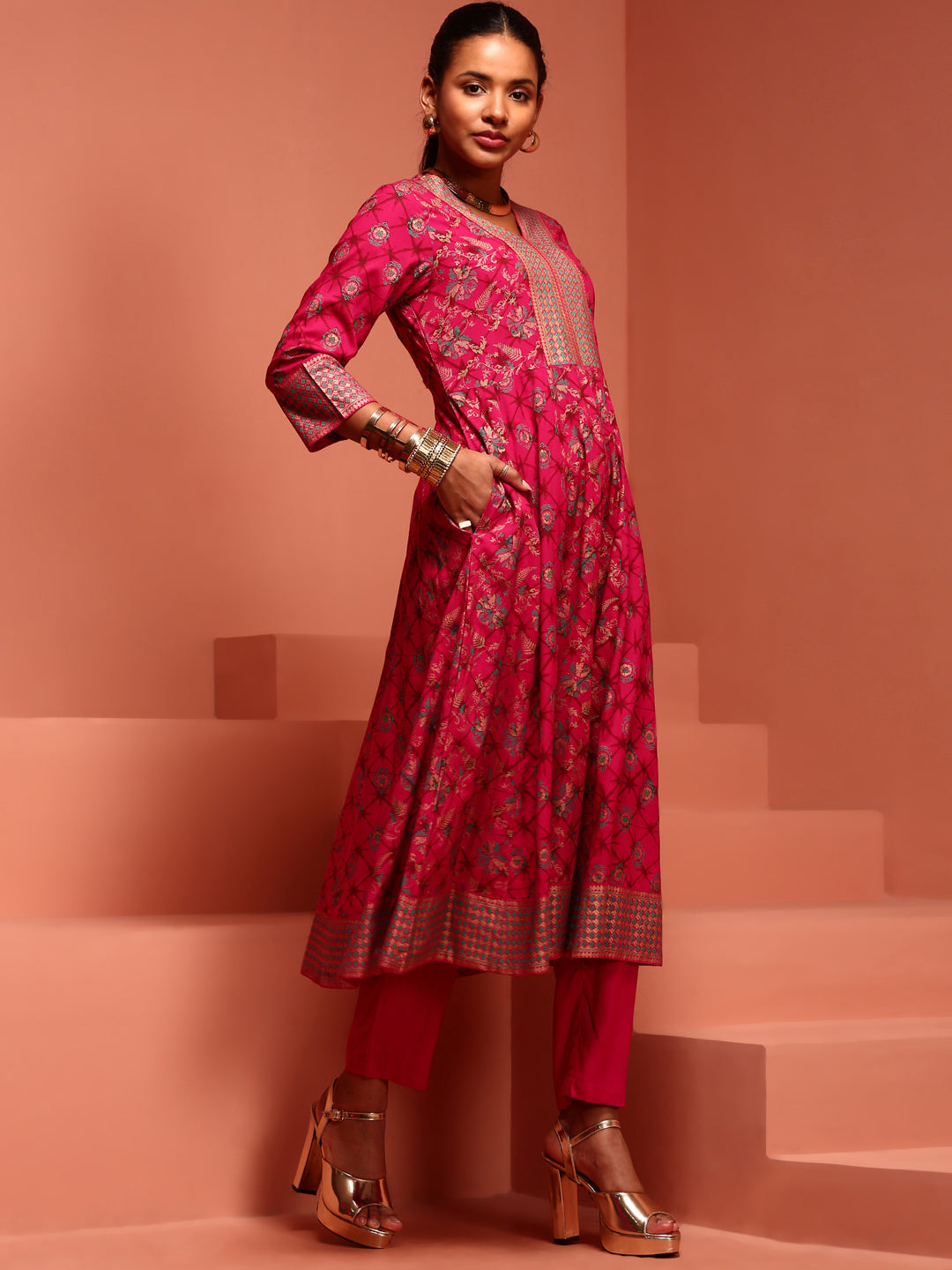 Fuchsia Kalidar Printed Kurta Set