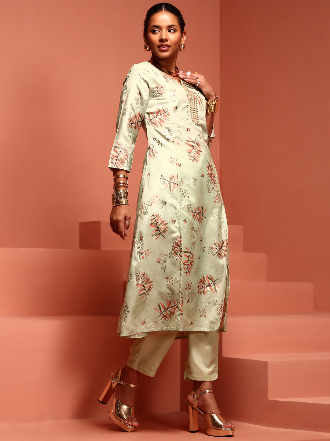 Mint A-line Printed Kurta Suit Set