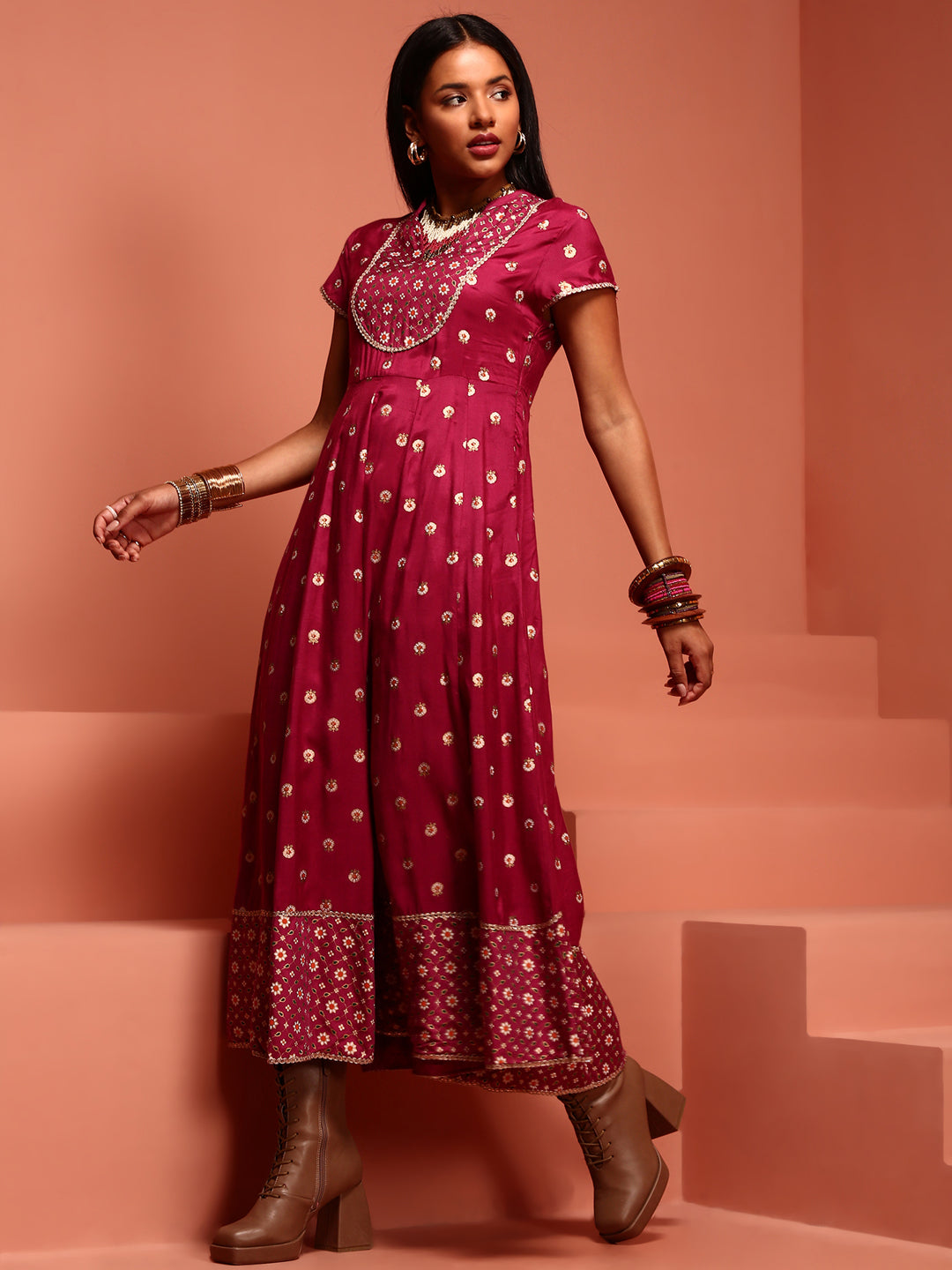 Wine Printed Dress With Net Dupatta