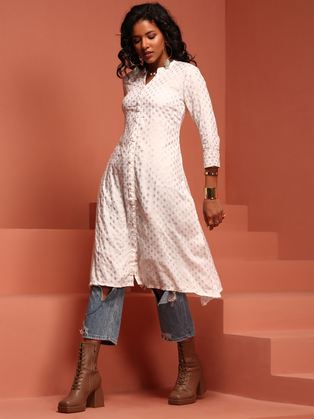 White Printed Asymmetric Kurta