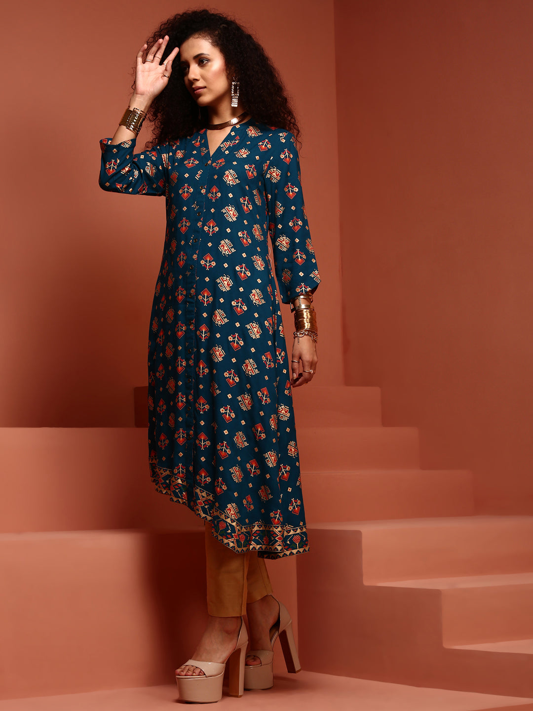 Navy Blue Asymmetric Printed Kurta