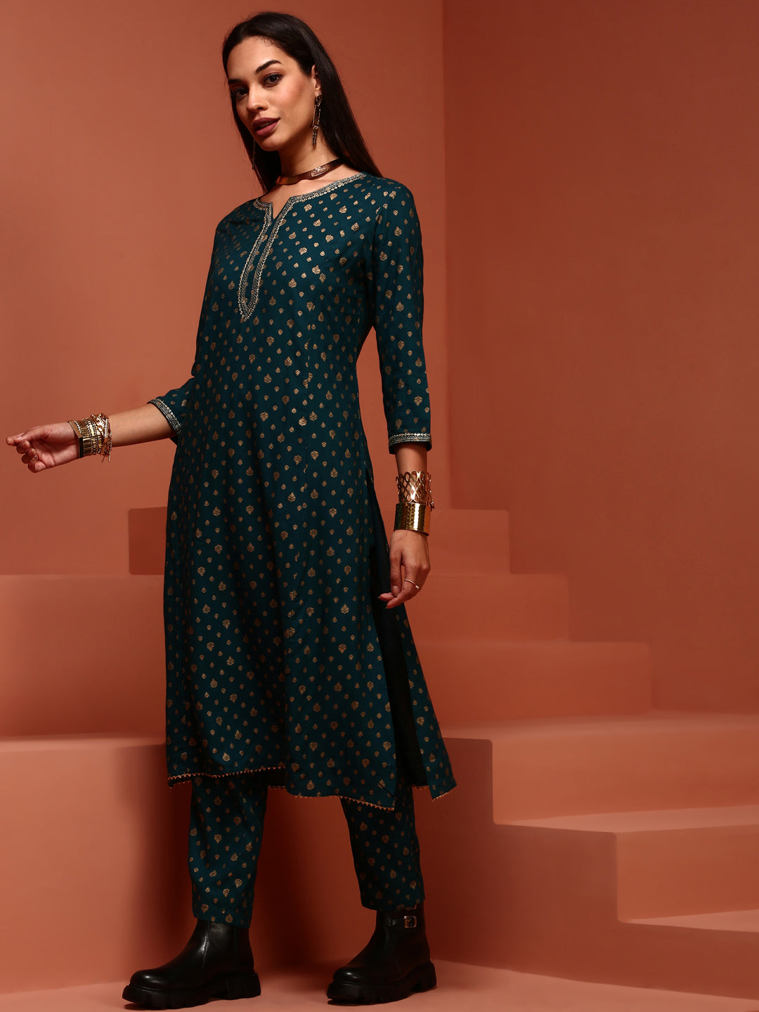 Teal Printed Rayon Kurta Set