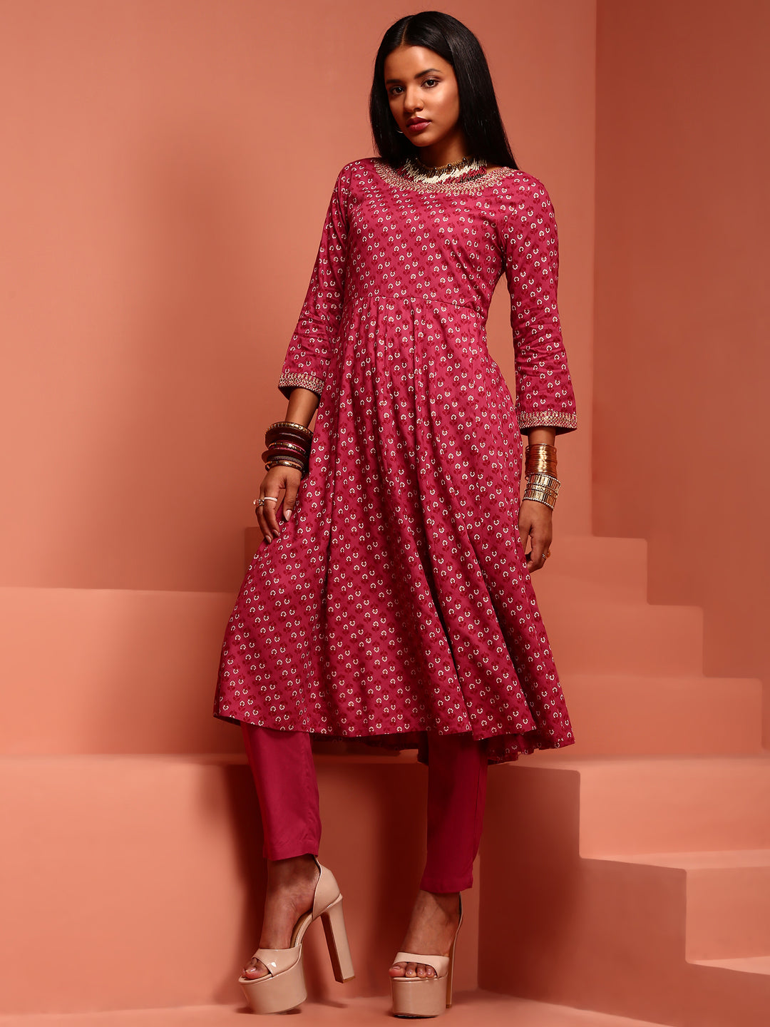 Dark Pink Printed Kurta Set