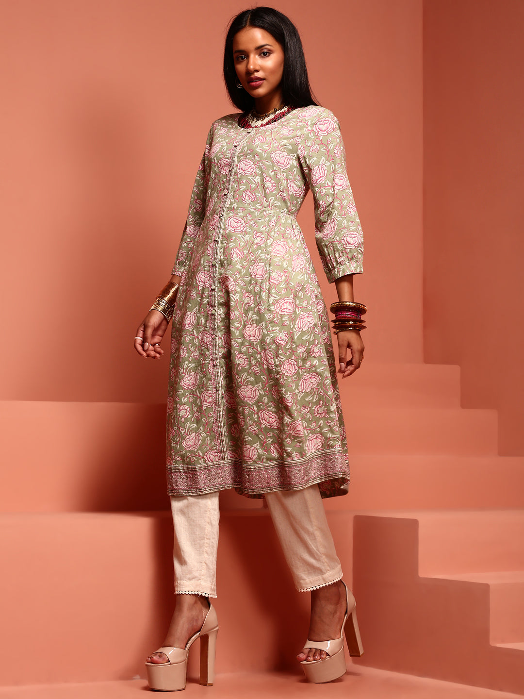 Green Printed Cotton Kurta