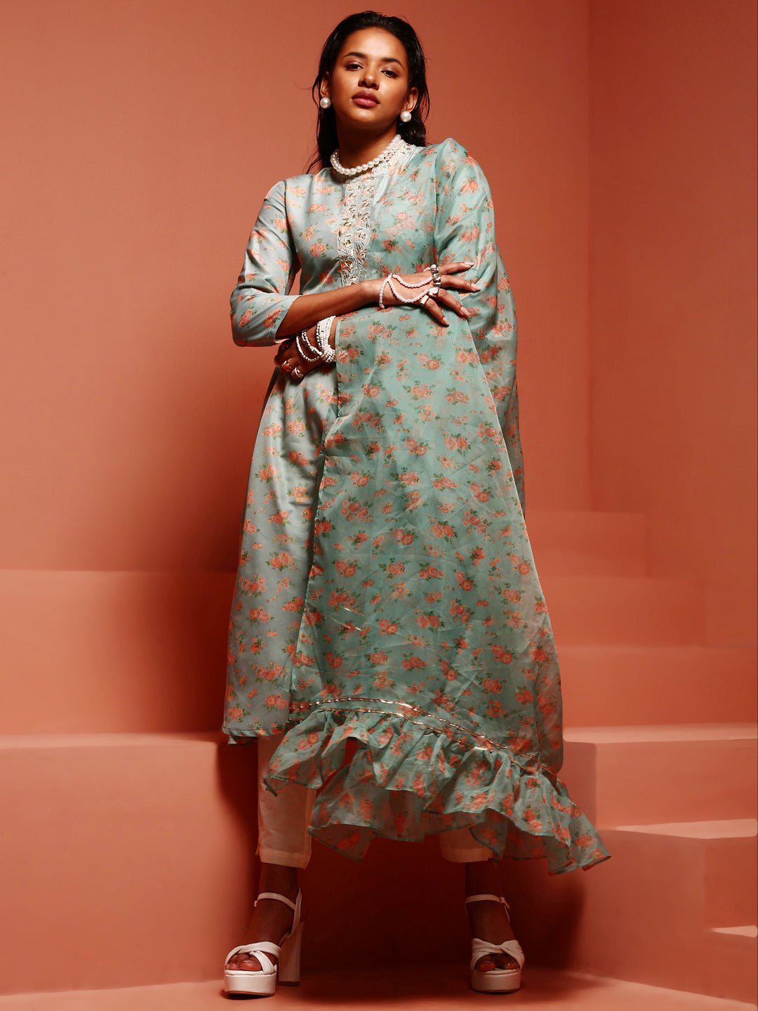 Mint Printed Muslin Gathered Kurta Set