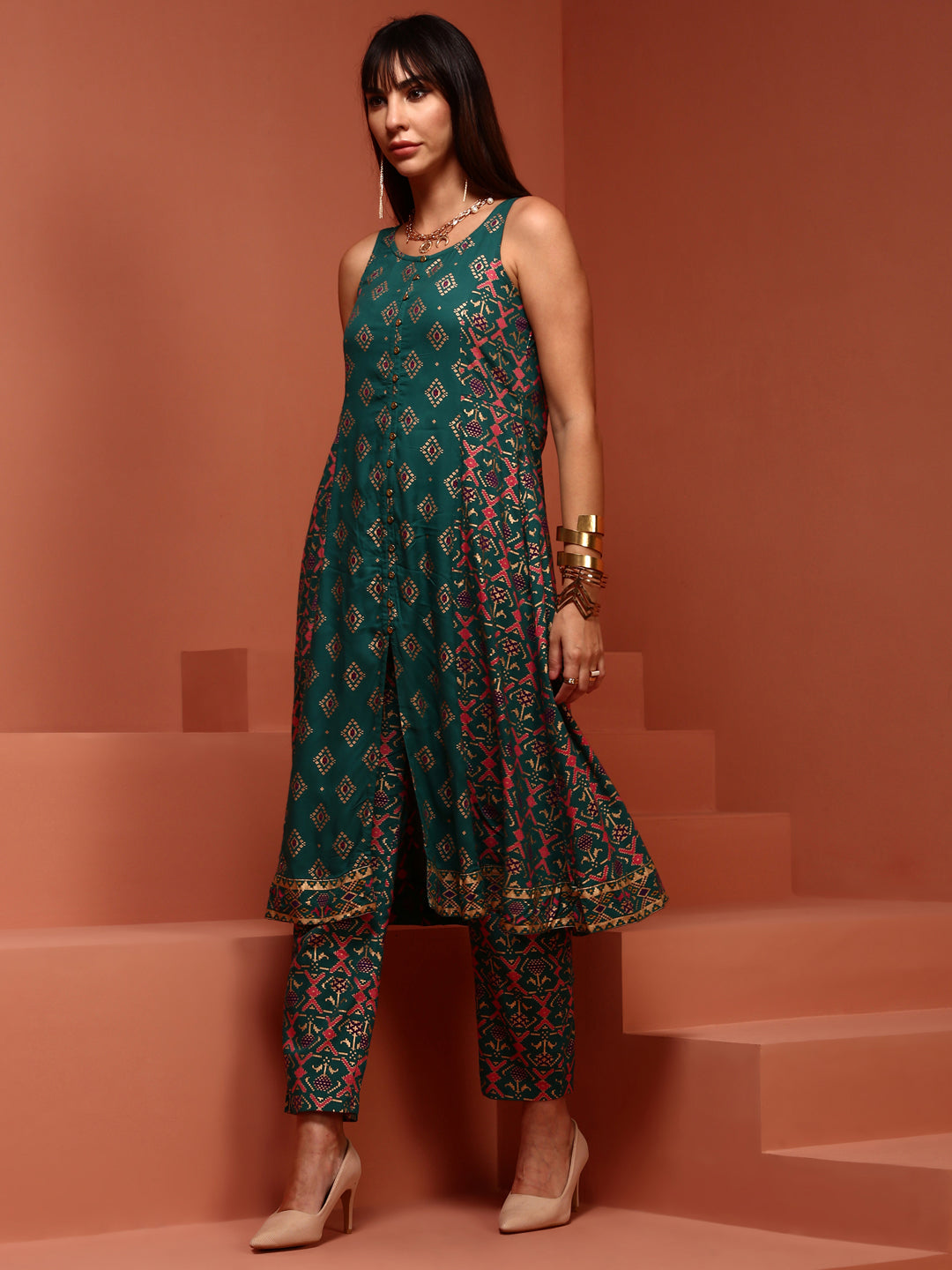 Green A-line Printed Kurta Set