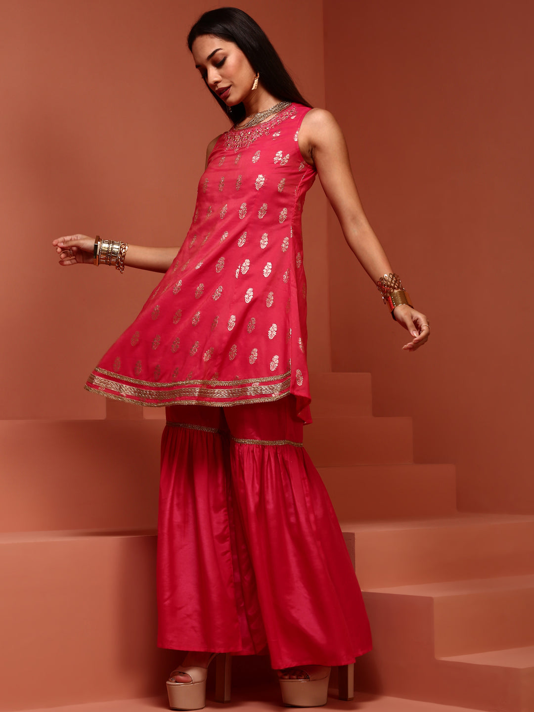 Fuchsia Chanderi Jaquard A-line Kurta Set