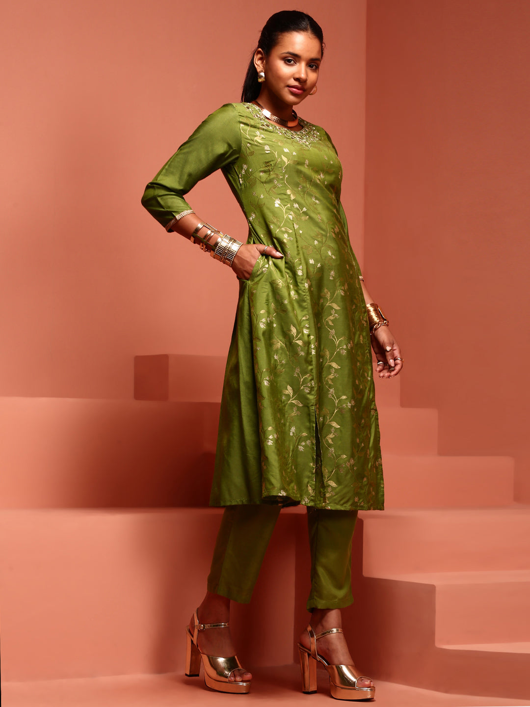 Green Jaquard A-Line Chanderi Kurta Set