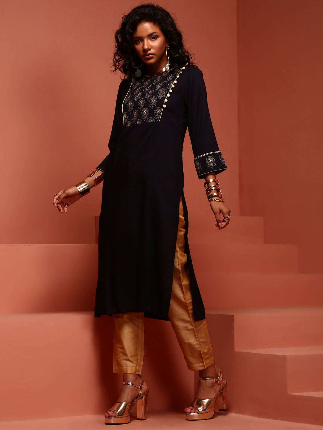 Navy Straight Embroidered Kurta