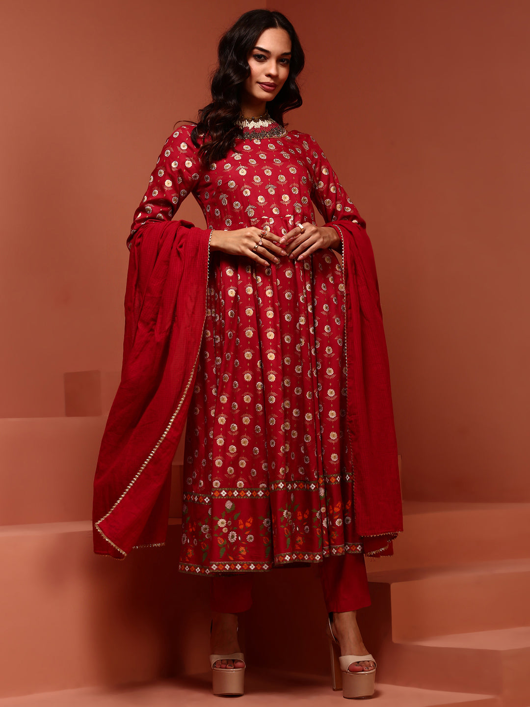 Red Printed Rayon Kalidar Kurta Set