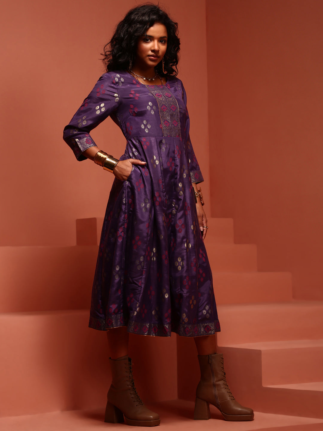 Violet Printed Shantoon Kalidar Kurta