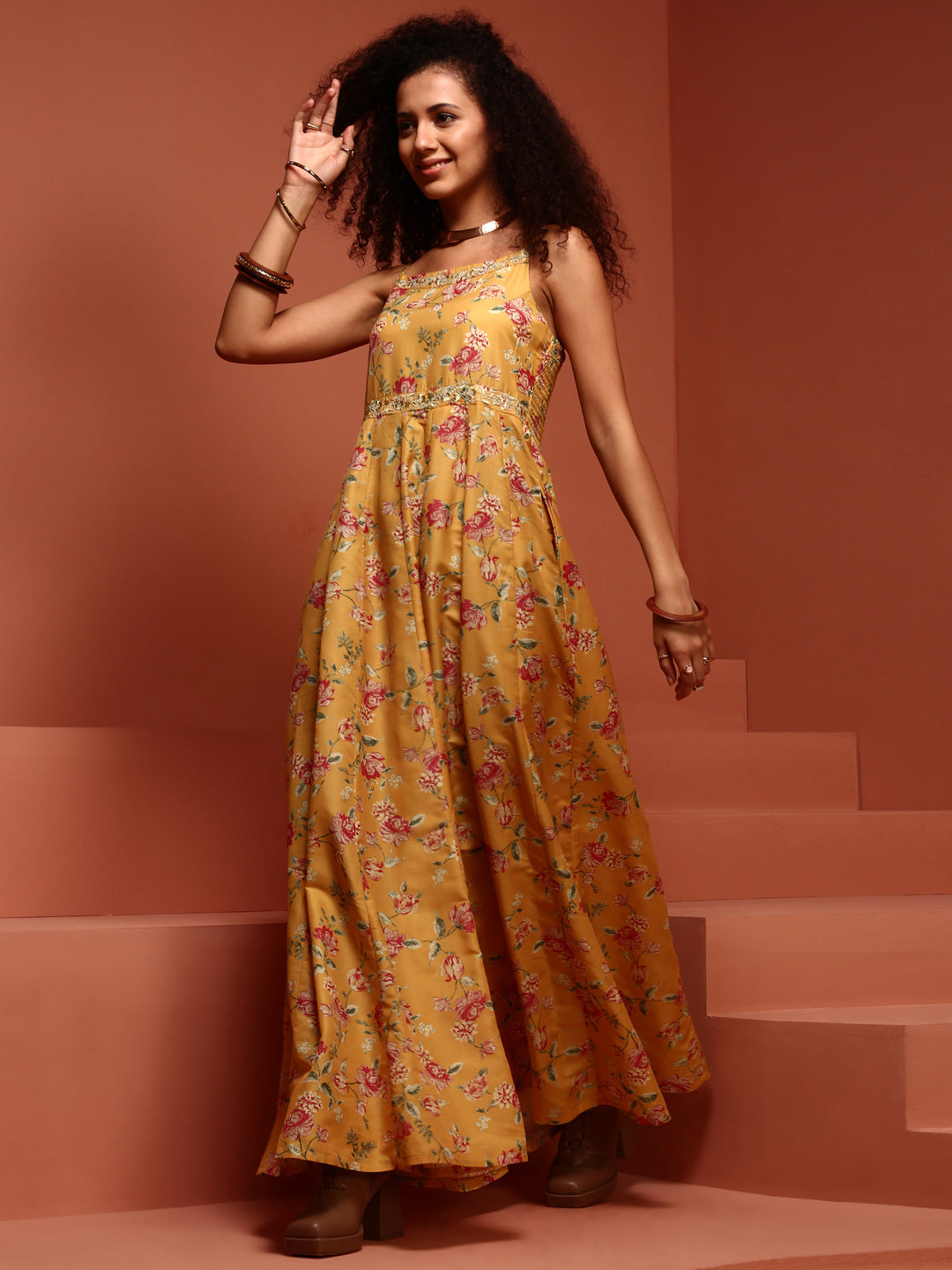 Kalidar Printed Yellow Floral Dress