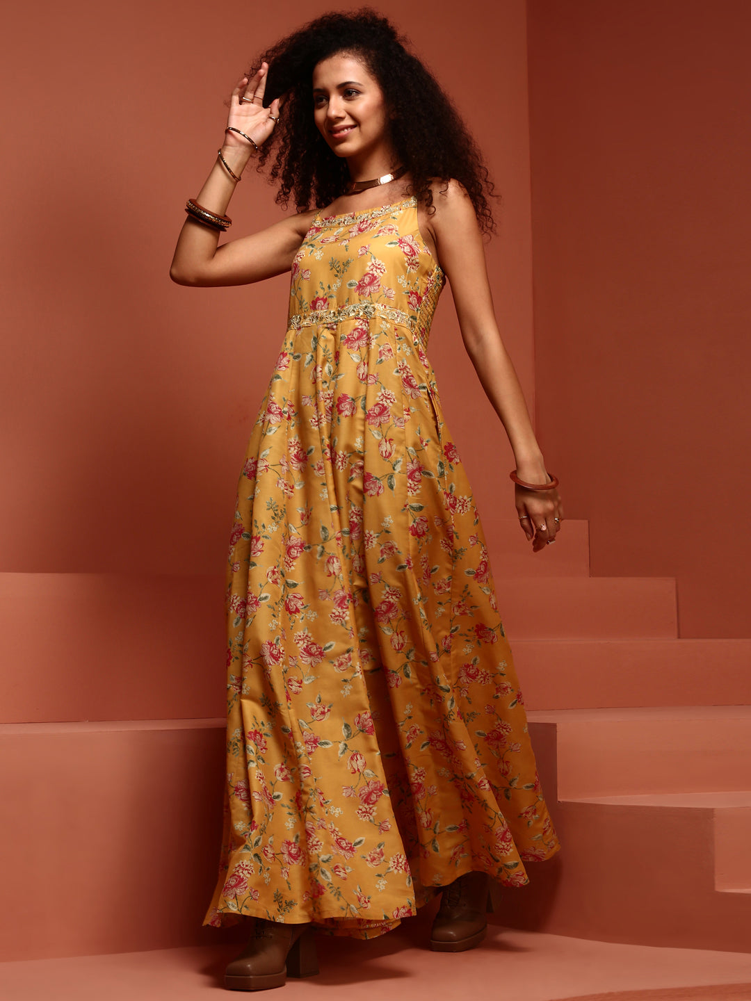 Yellow Printed Muslin Kalidar Dress