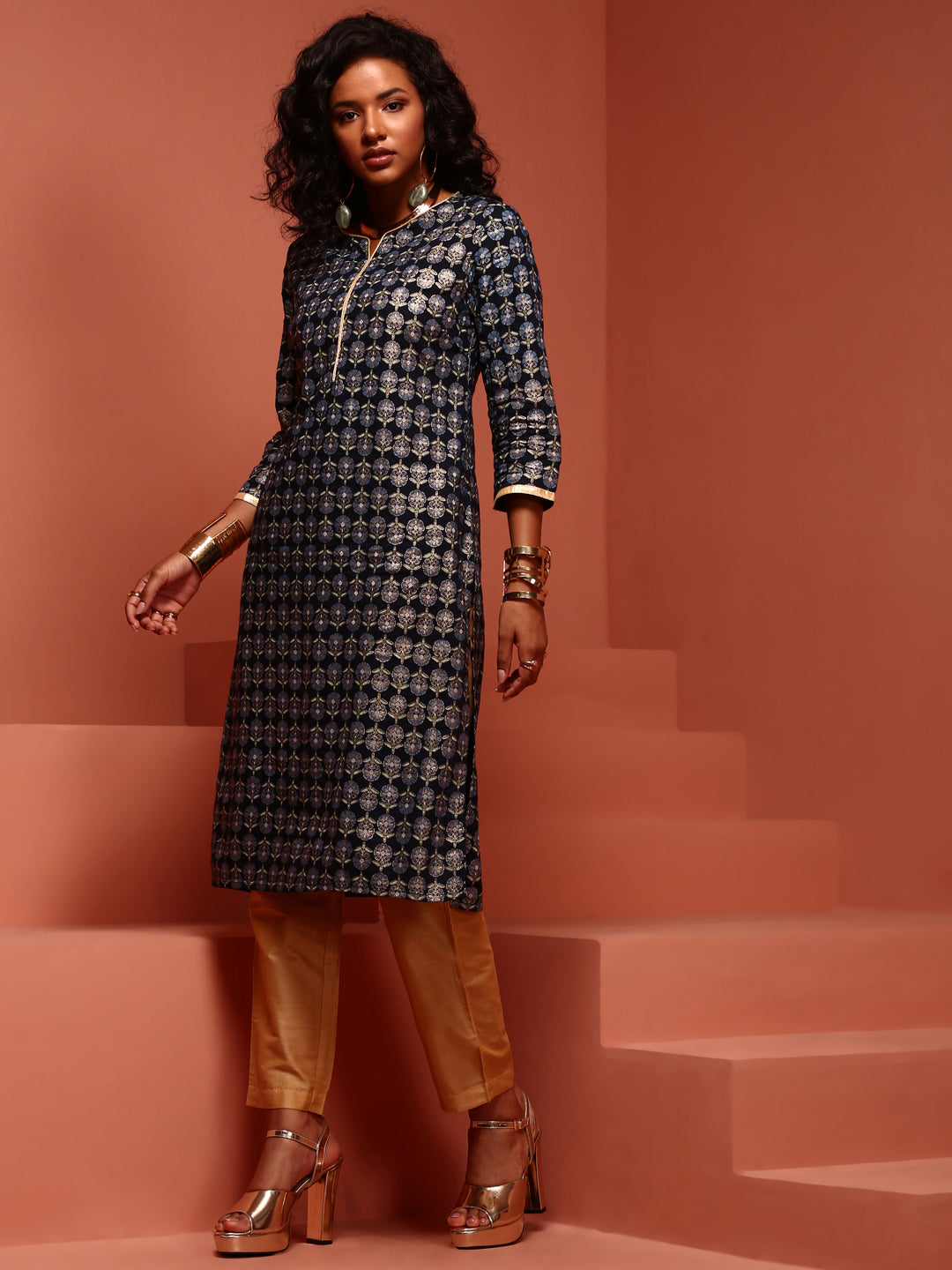 Navy Straight Printed Kurta