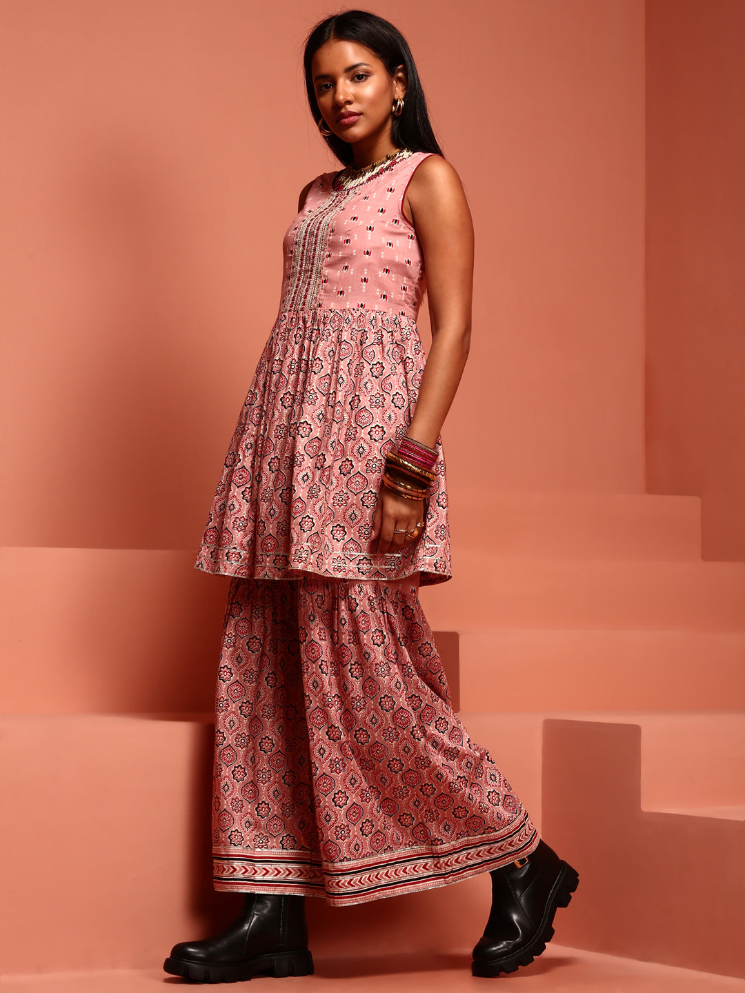 Cotton Pink Printed Kurta- Sharara Set