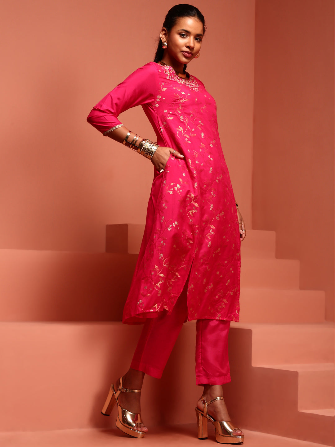 Fuchsia Chanderi Jaquard A-Line Kurta