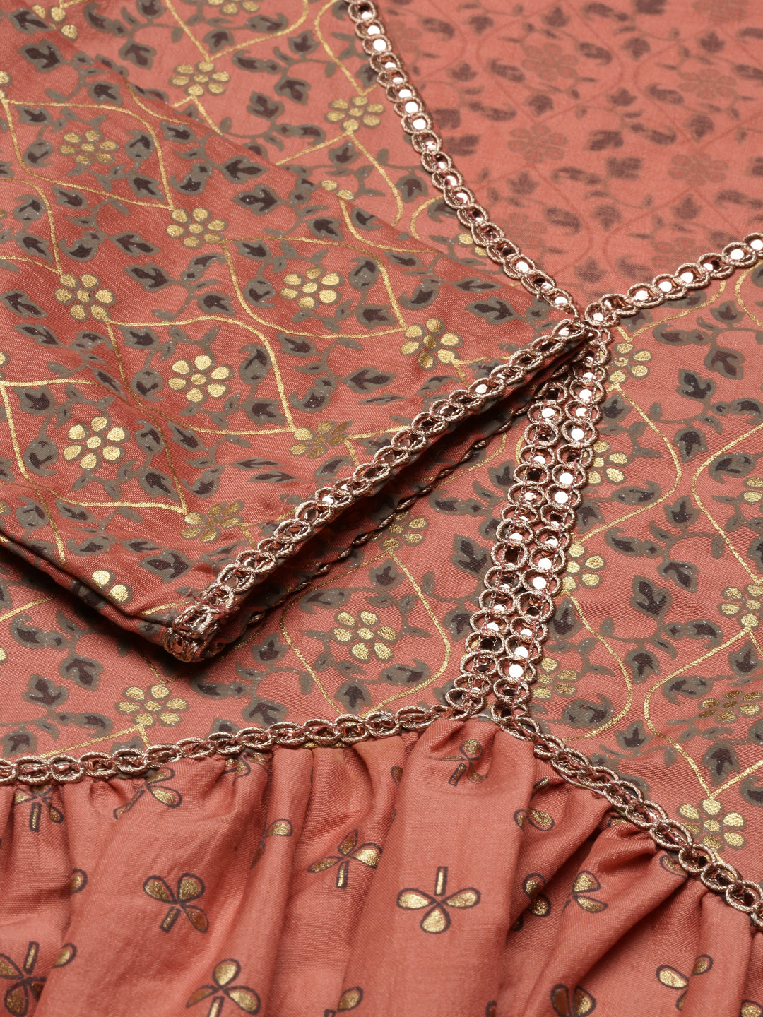 Peach Printed Gathered Kurta