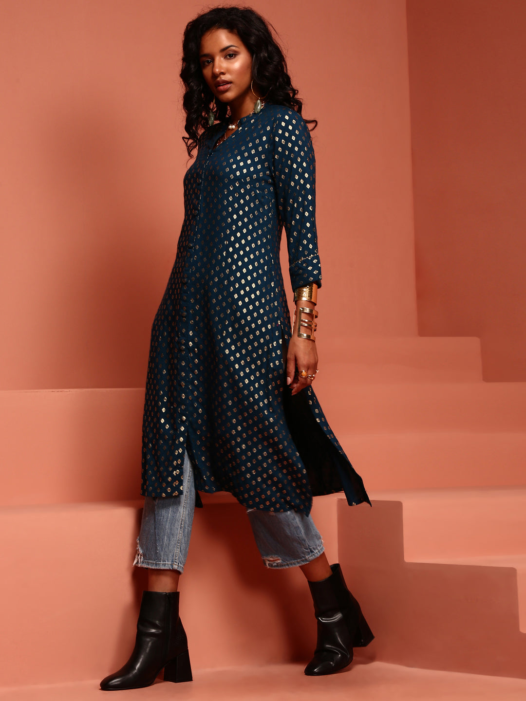 Ink Blue Printed Asymmetric Kurta