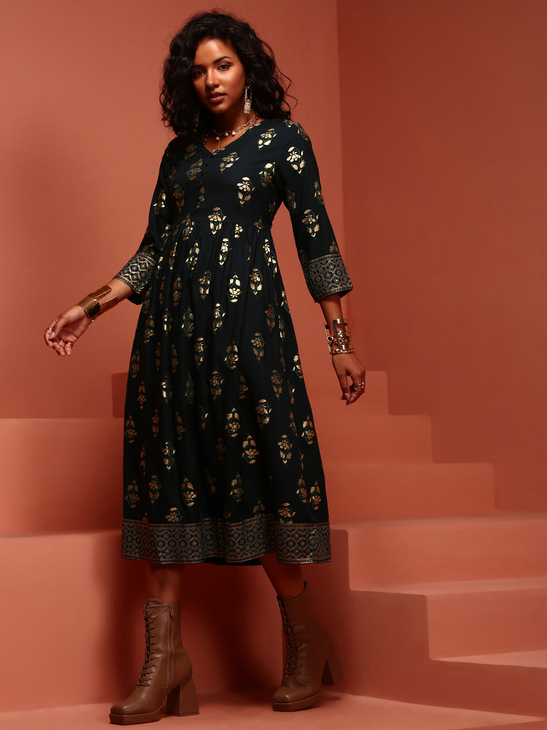 Teal Printed Rayon Kurta