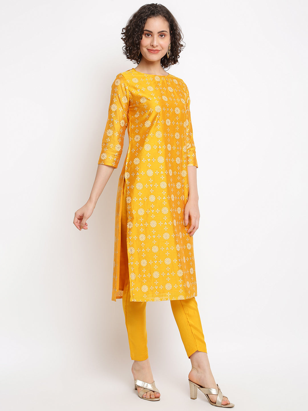 Mustard Yellow Printed Kurta Set