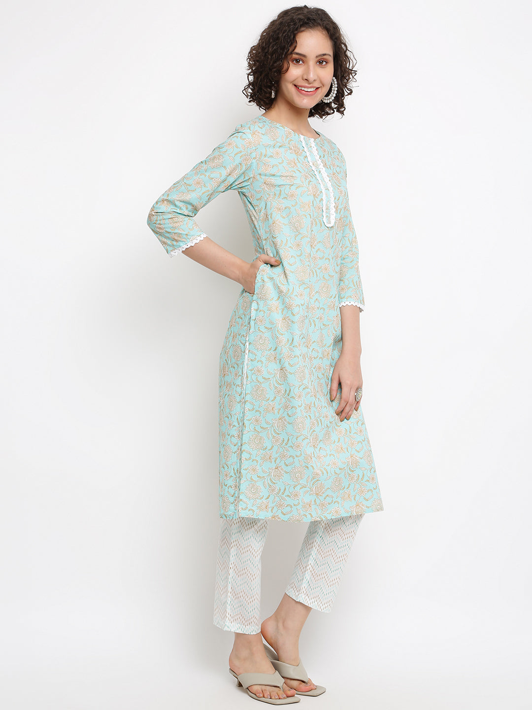 Block Floral Blue Kurta Set