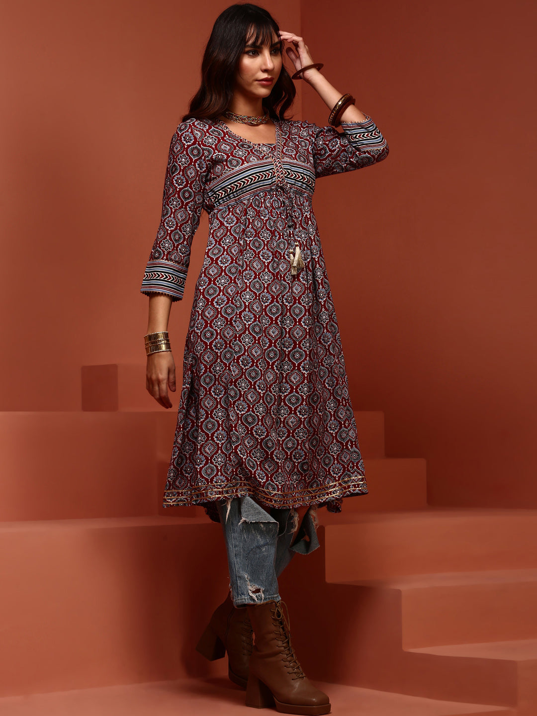 Red Printed Gathered Kurta