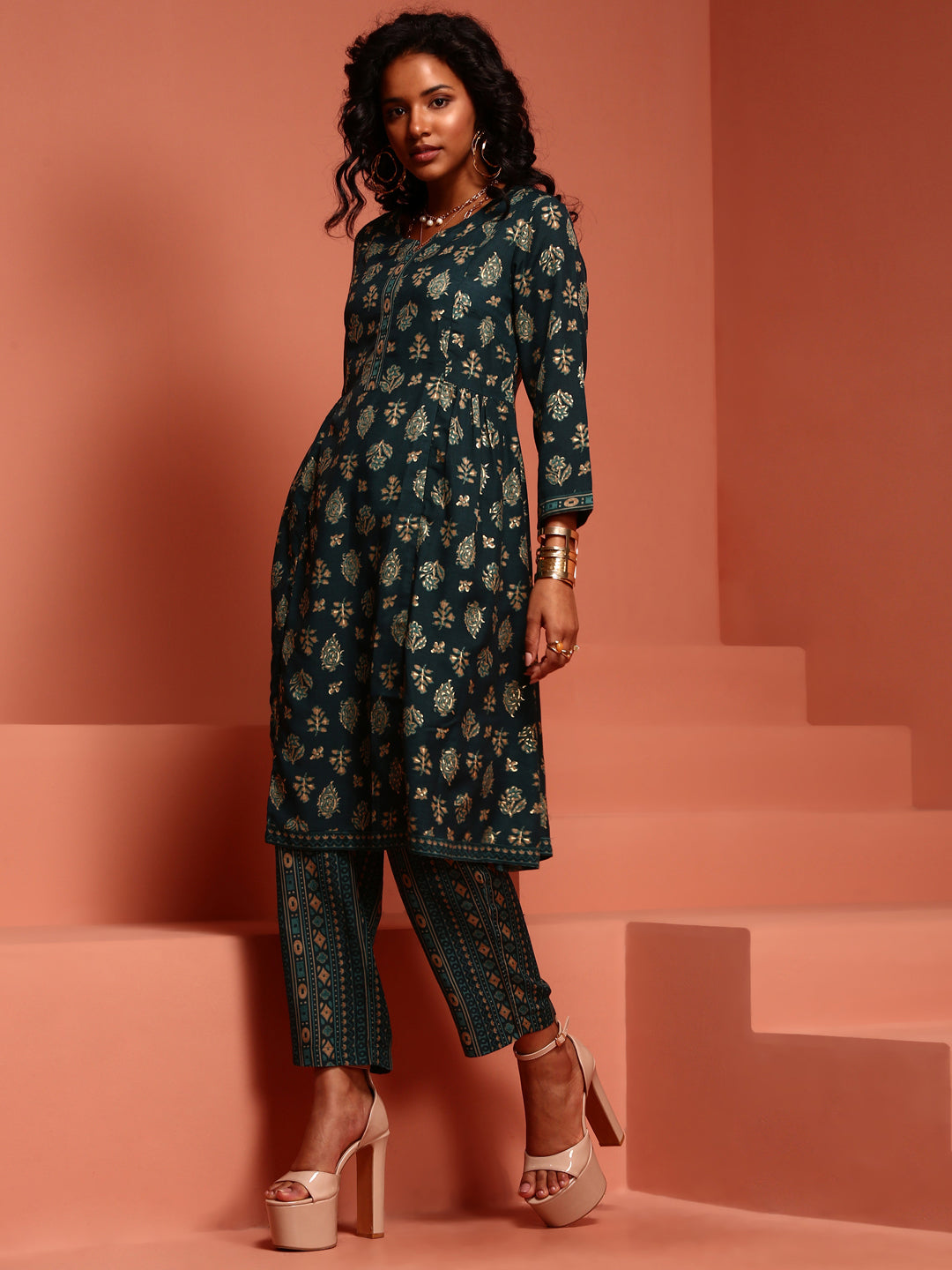 Teal Printed Muslin A-line Kurta Set