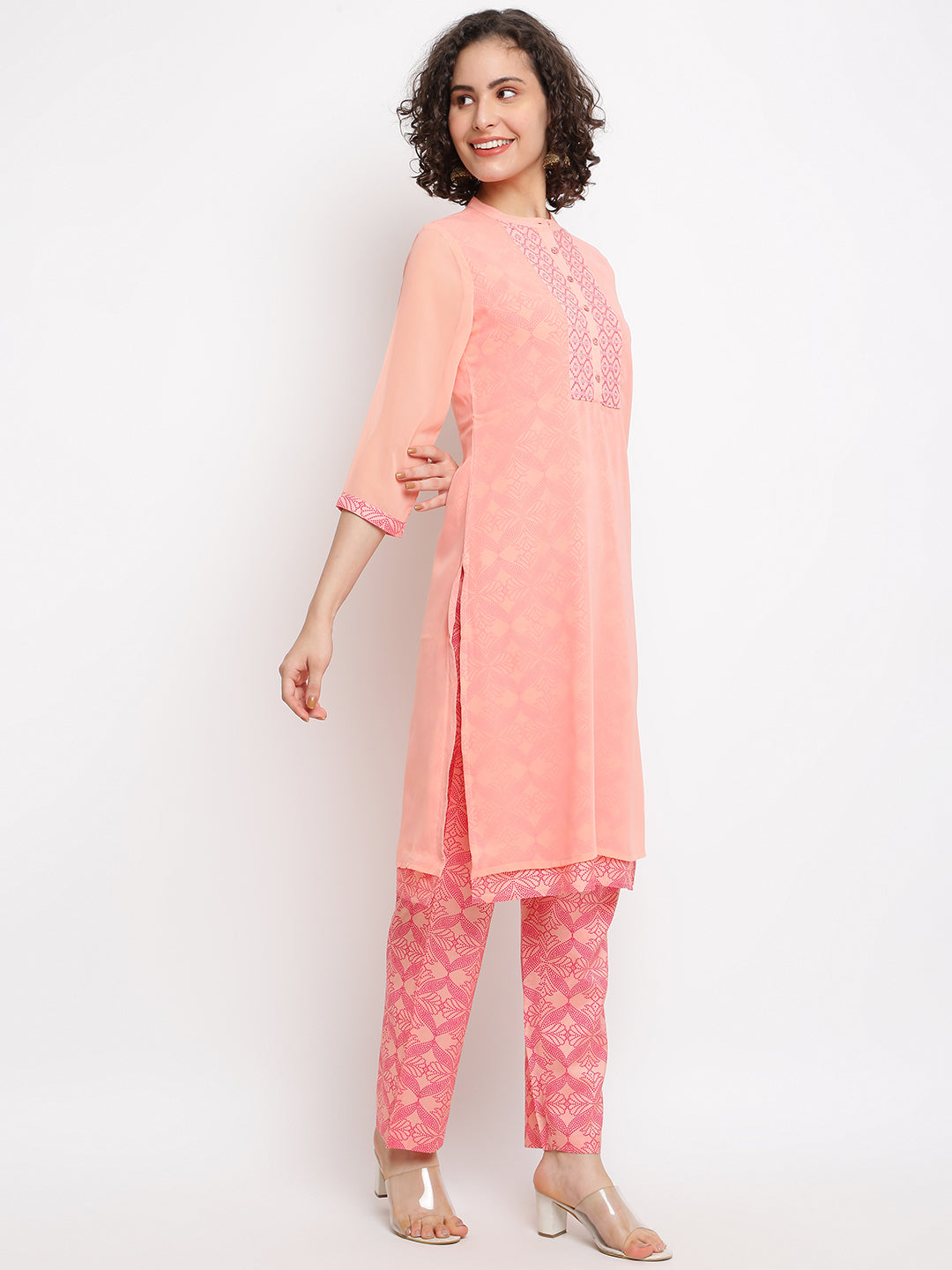 Pink A-line  Mandarin Kurta set