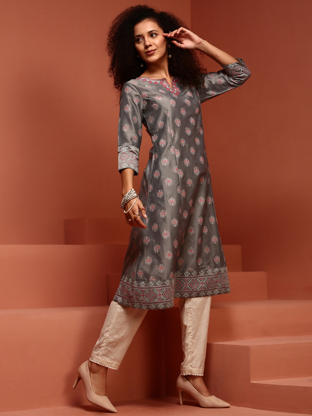 Grey Printed A-Line Kurta