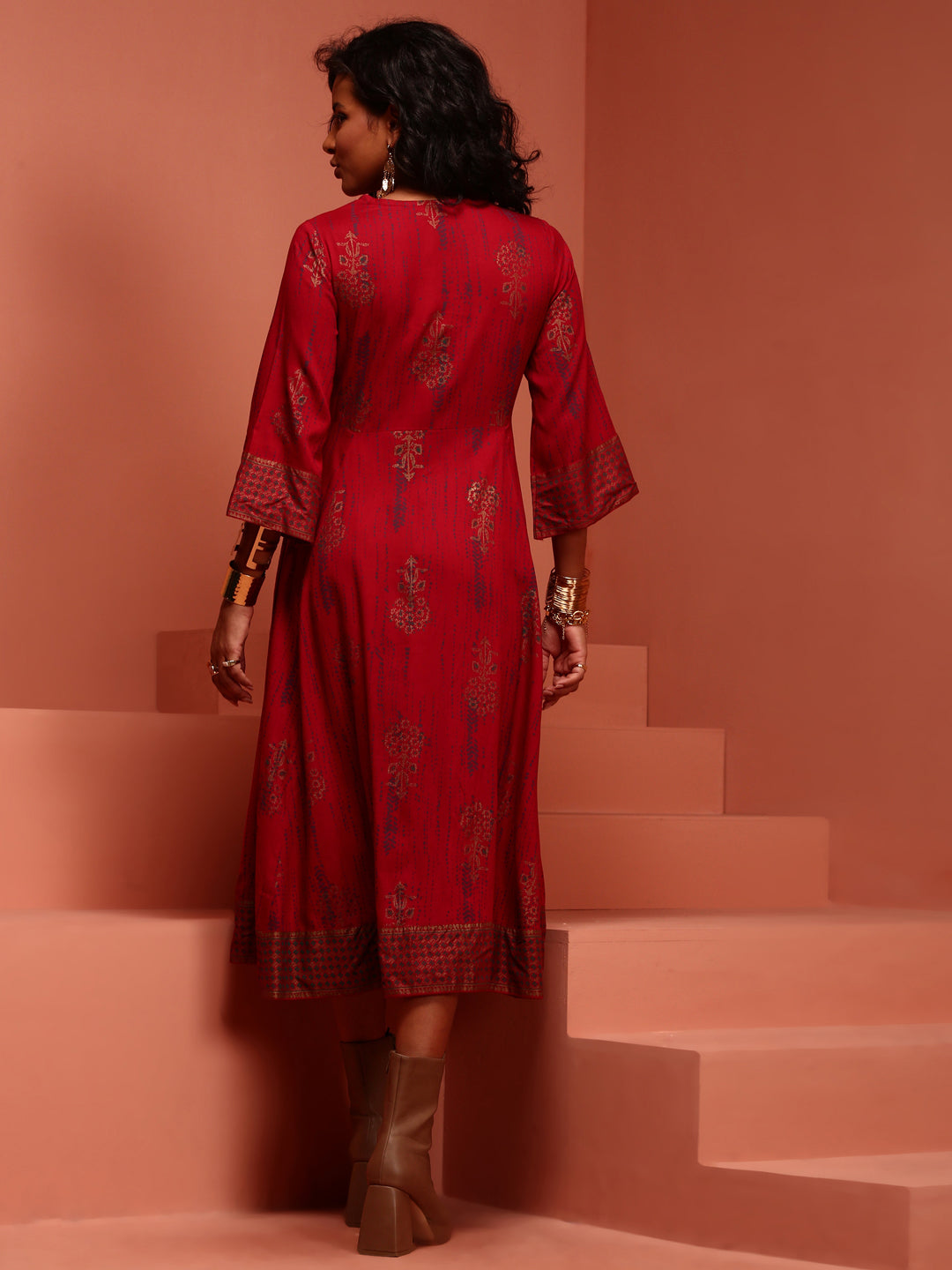 Red Printed Gathered Dress