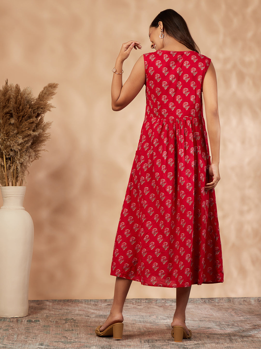 Red Print Gathered Dress