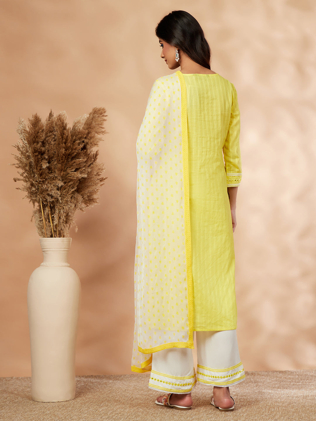 Yellow Embroidered Cotton Kurta Set