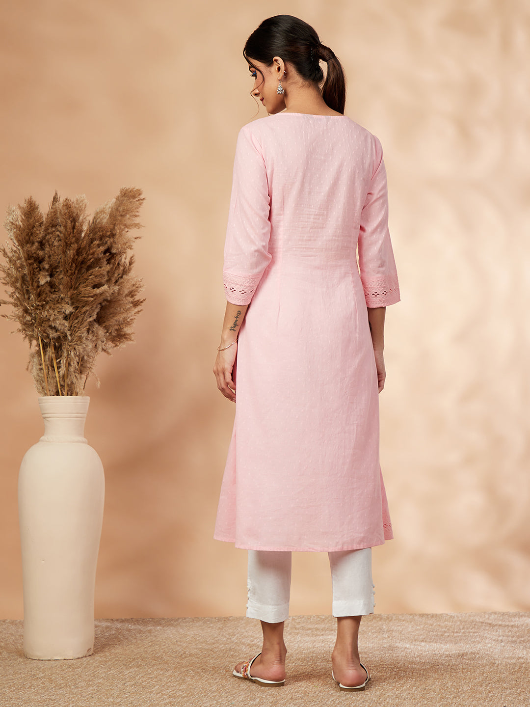 Embellished Light Pink Straight Kurta