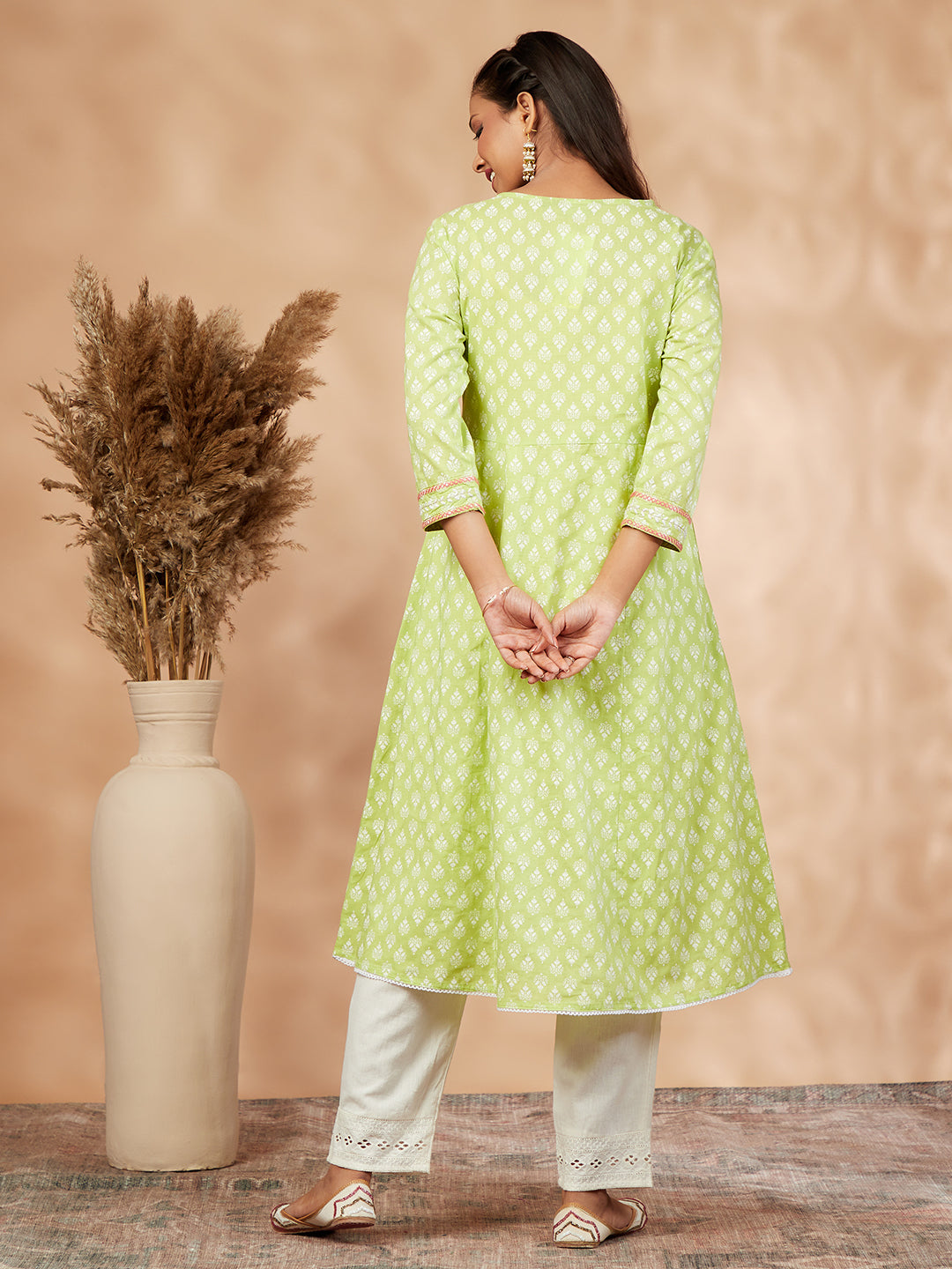 Printed Lime Green Gathered  Kurta