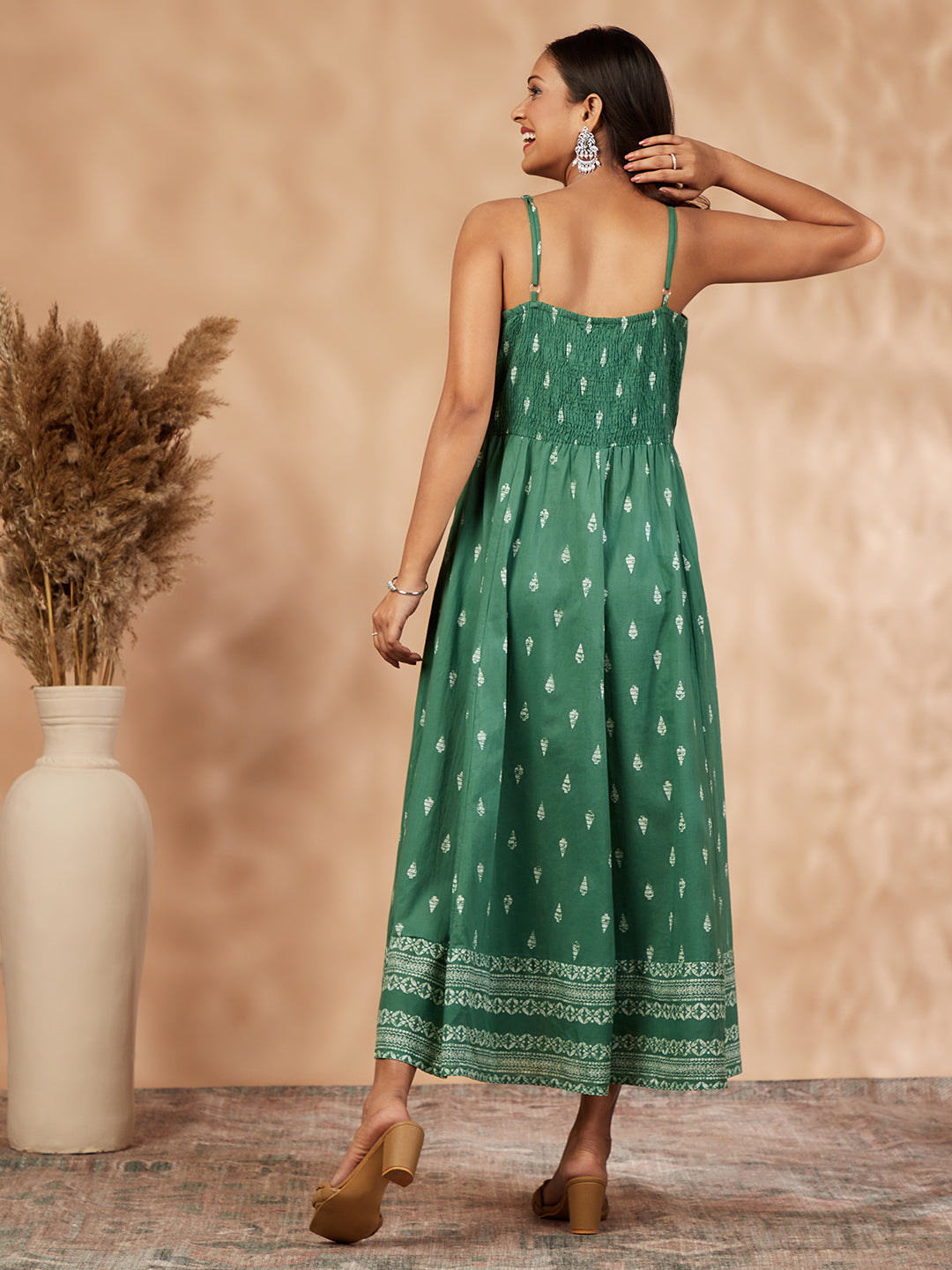 Print Green Sleeveless Gathered Dress