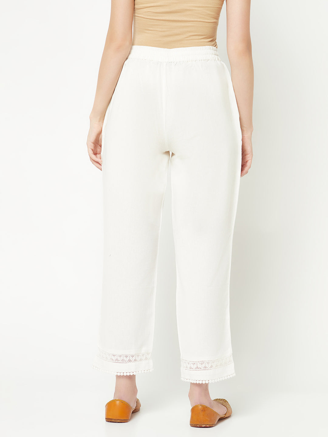 White Straight Trousers With Laced Hem